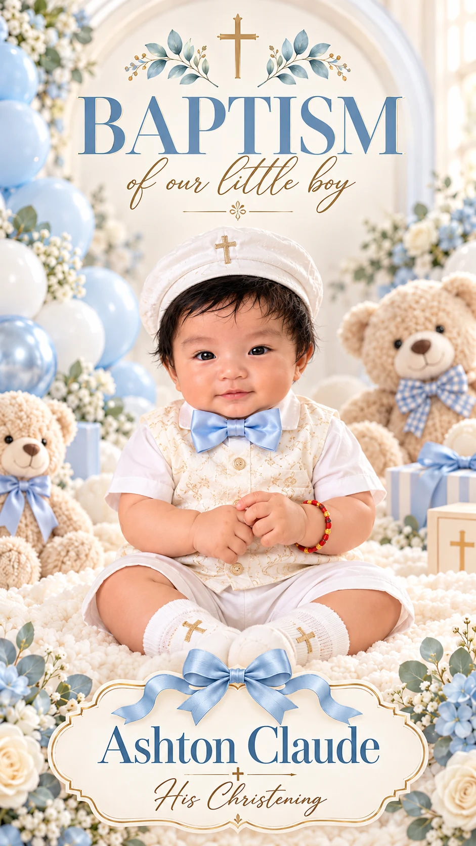 Baptism of our little boy Ashton Claude: his portrait in a white baptism cap and blue bow tie, framed by pastel blue balloons, teddy bears, flowers, and a blue ribboned nameplate